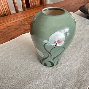 Vintage hand painted green floral vase